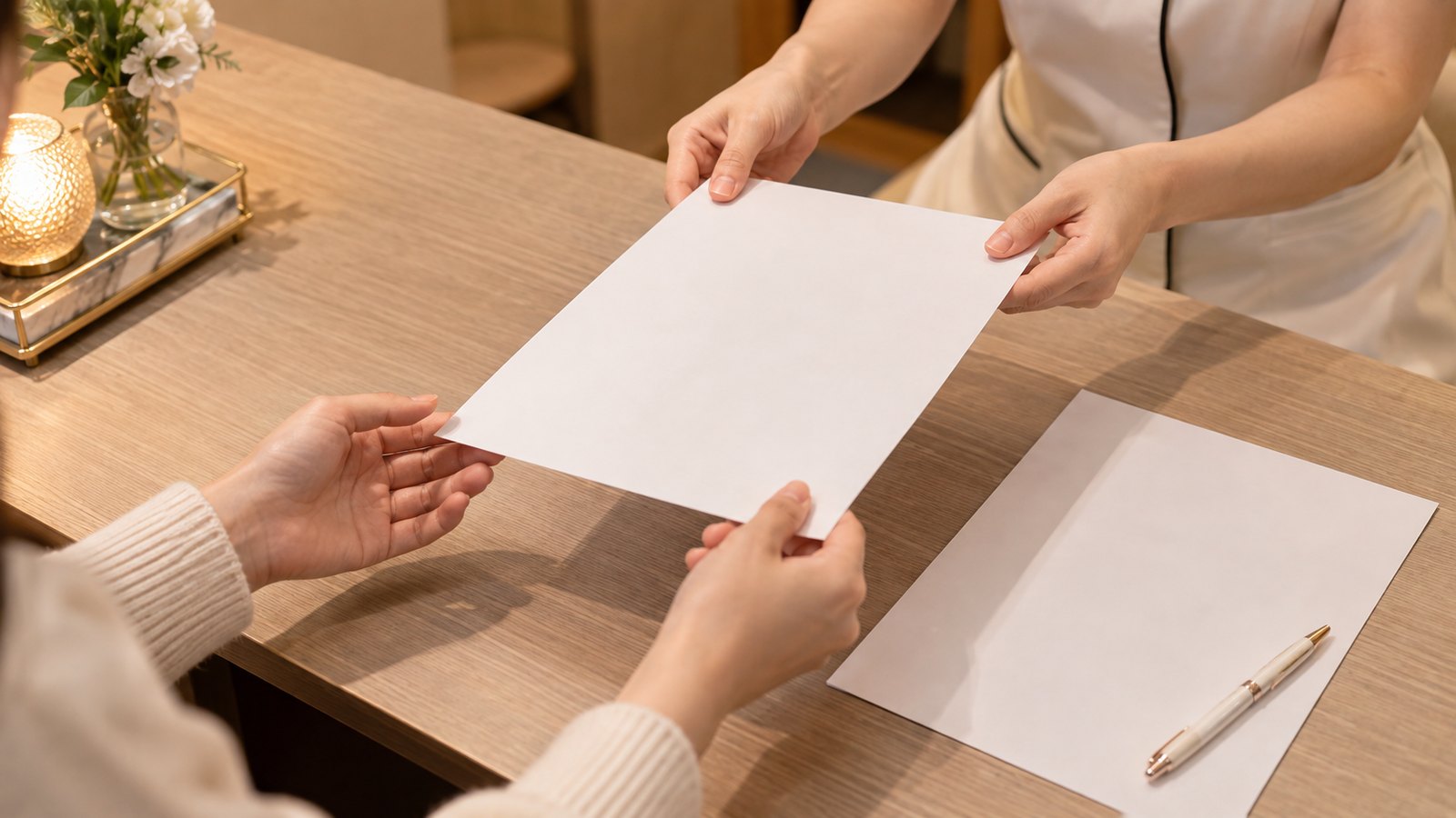 サロンで書面を用いて説明する場面